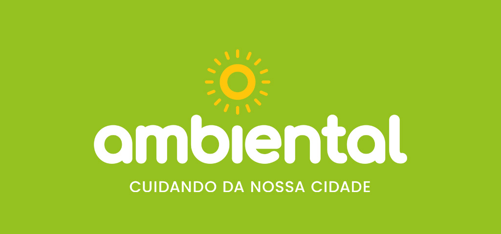 Logo de campanha ambiental com fundo verde e sol estilizado acima da palavra 'ambiental', destacando o cuidado com a cidade e meio ambiente.